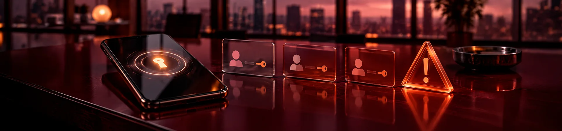Celular con el candado de la aplicación de autenticación junto a tres pases de acceso y una señal de alerta, ilustrando los tokens de la cuenta de trabajo que una app maliciosa podía obtener