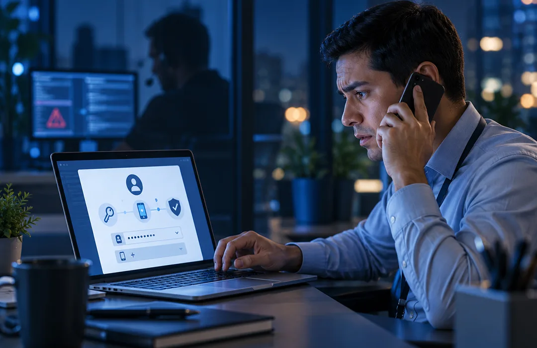 Trabajador recibiendo en su teléfono particular una llamada del falso soporte técnico que le pide reconfigurar su clave de acceso, mientras el atacante inscribe su propio método de verificación en la cuenta corporativa de Microsoft